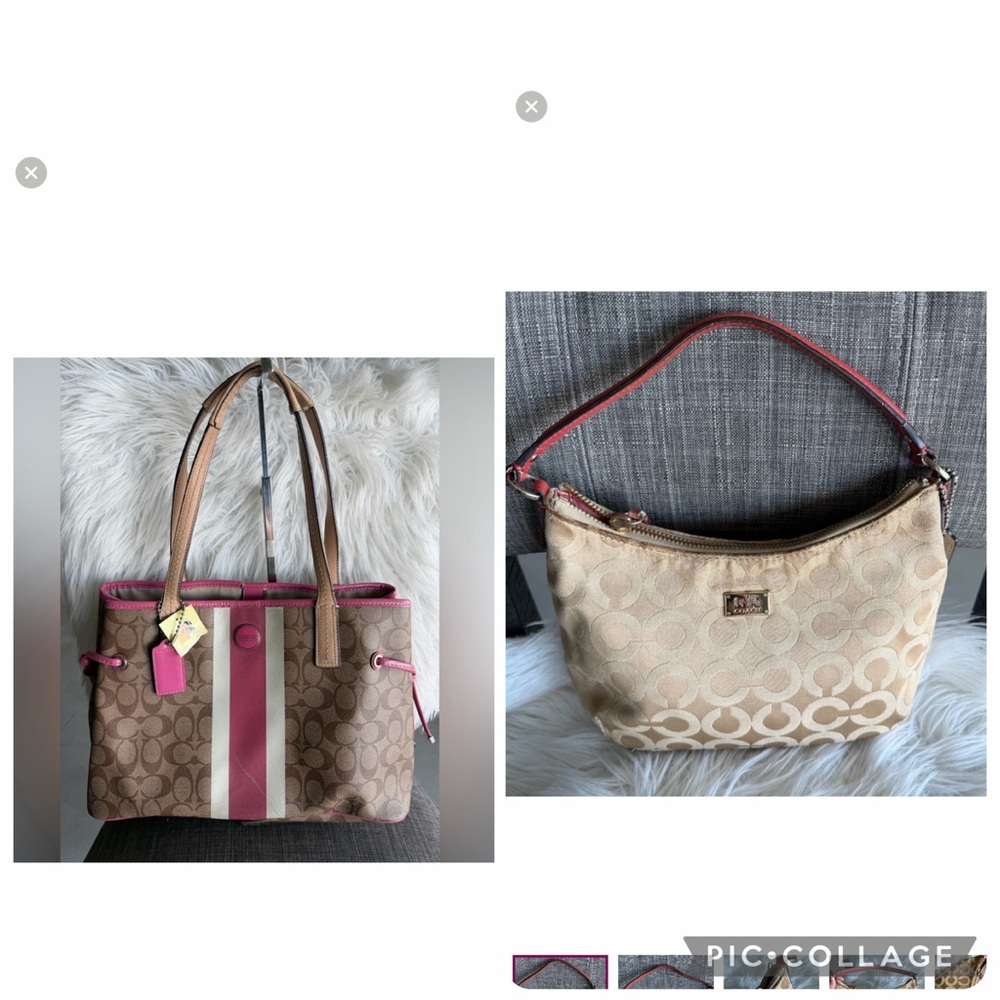 Coach Signature Stripe Tote and Hobo Bag Set - Brown and Pink
